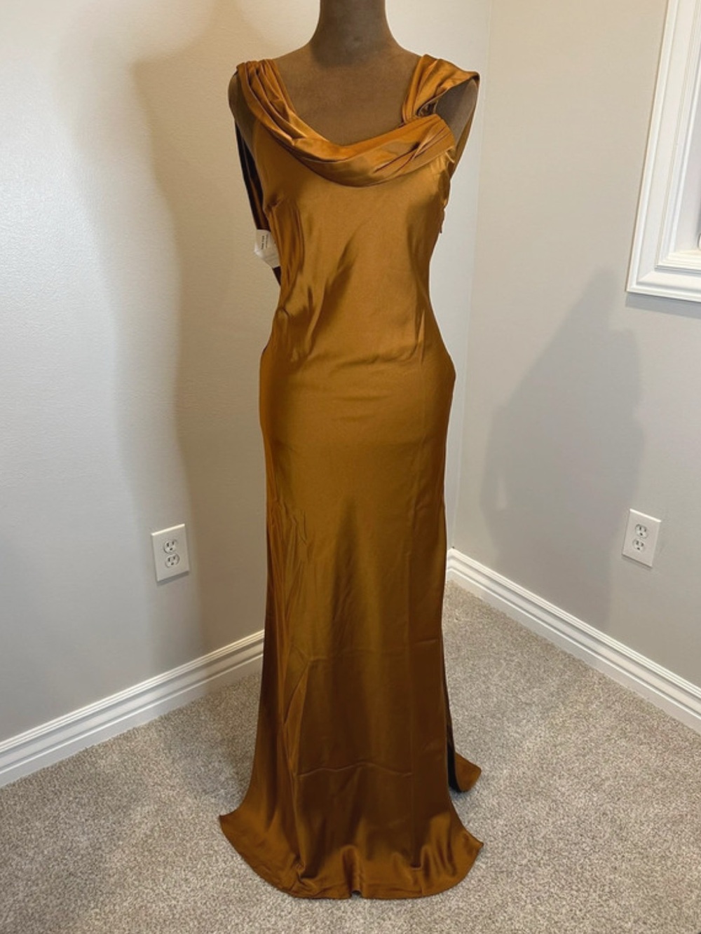 NEW Fame and Partners Bronze Satin Cowl Neck Evening Dress XS NWT